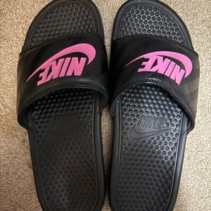 Nike Black Slides with Pink Swoosh Accent